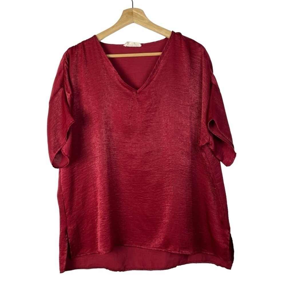 Peach Love Red Satin V Neck Short Sleeve Blouse S